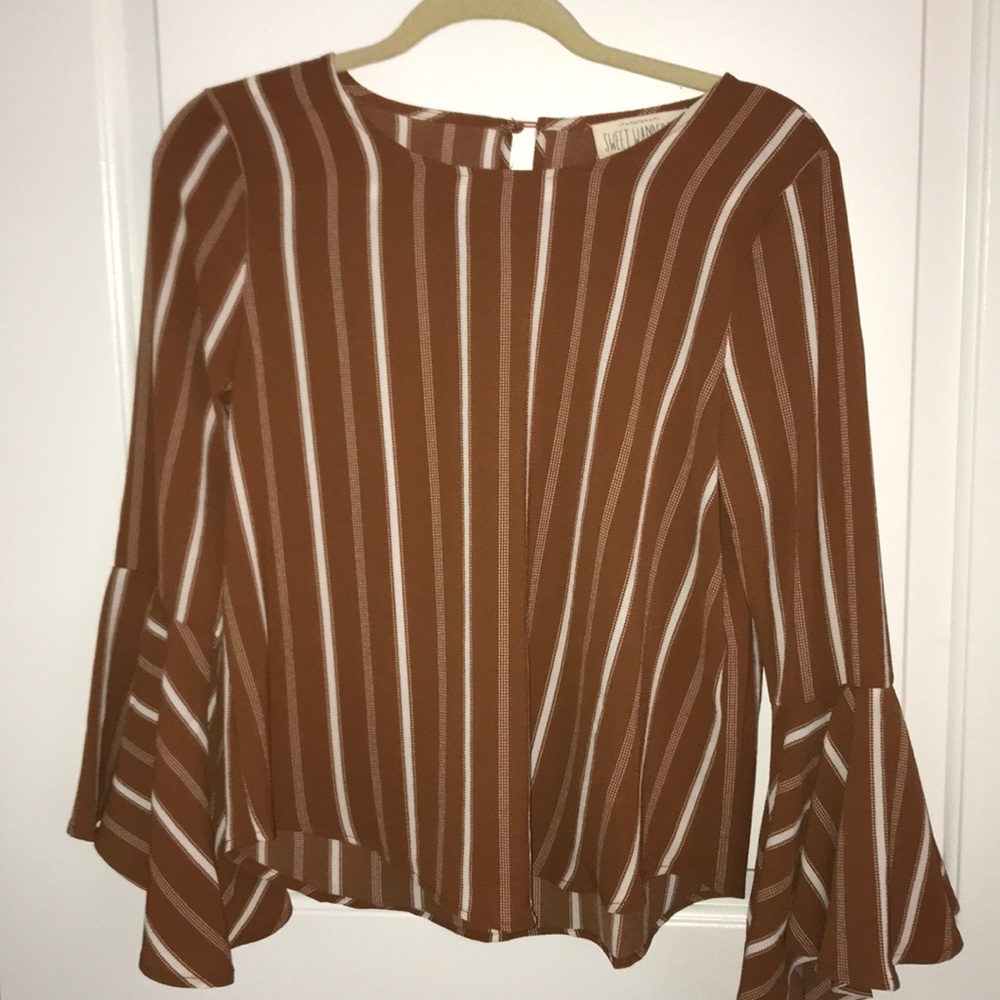 Rustic white striped bell sleeve chiffon blouse
